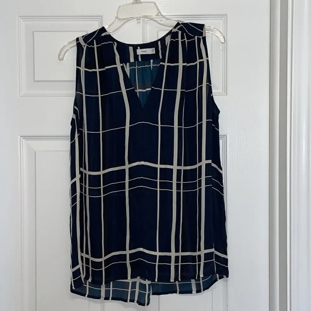 Vince 100% silk plaid sheer sleeveless top